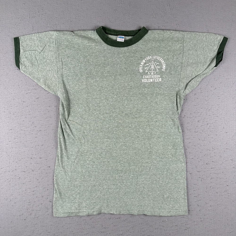 Vtg 70s Champion Ringer Shirt Men's XL Green New York Chautauqua Camp Blue Bar